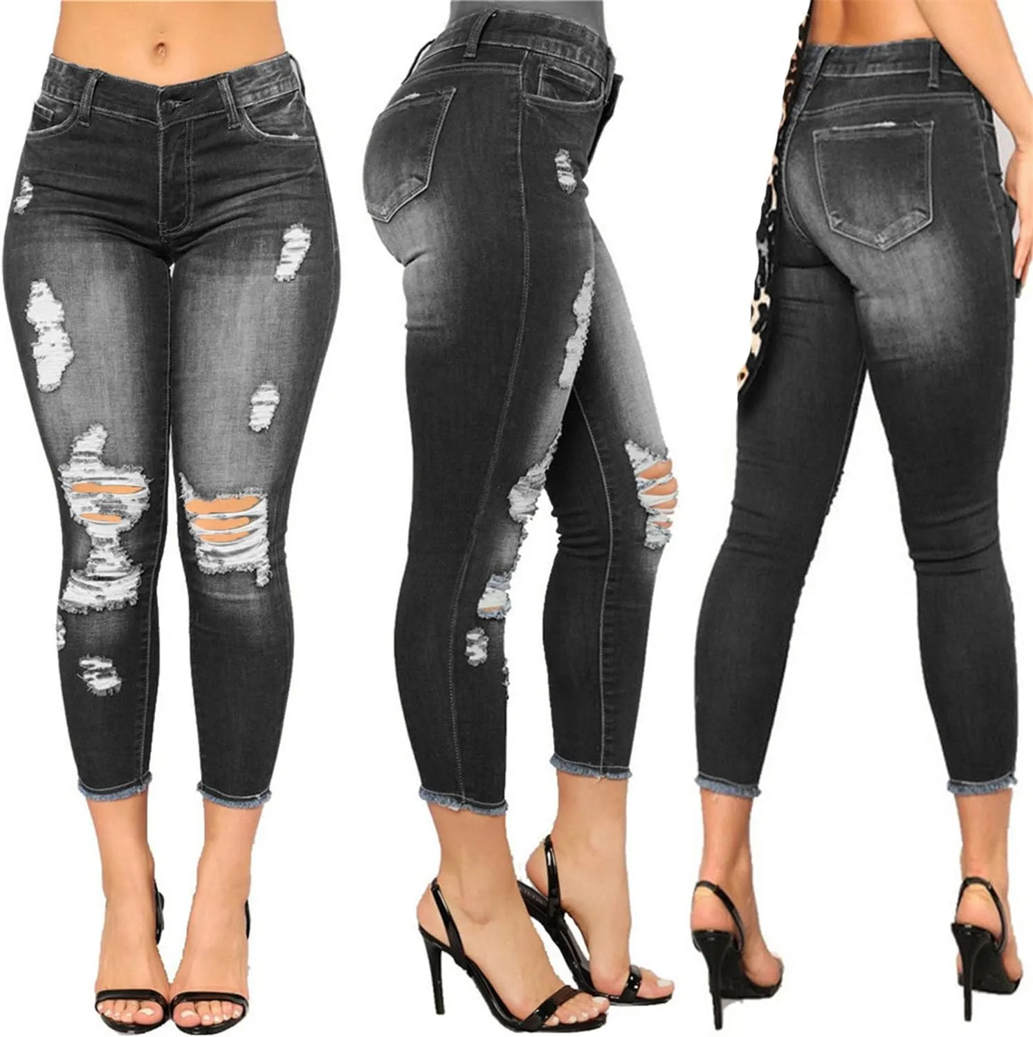 Andongnywell Distressed Jeans Women Skinny Ripped Jeans High Rise Stretch Butt Lift Jegging Sexy Denim Pants with Pockets