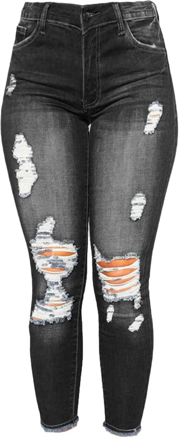 Andongnywell Distressed Jeans Women Skinny Ripped Jeans High Rise Stretch Butt Lift Jegging Sexy Denim Pants with Pockets