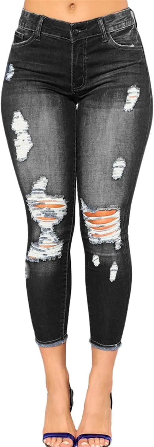 Andongnywell Distressed Jeans Women Skinny Ripped Jeans High Rise Stretch Butt Lift Jegging Sexy Denim Pants with Pockets