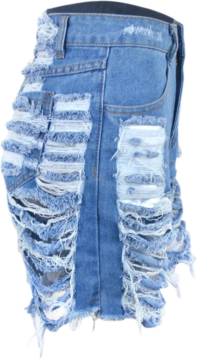 Andongnywell Summer Ripped Frayed Hem Denim Shorts for Women High Waist Casual Stretch Distressed Jean Shorts Pull-On Shorts