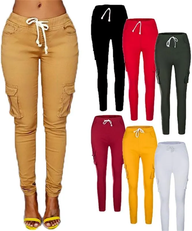 Andongnywell Womens Solid Color Stretch Drawstring Skinny Pants Cargo Joggers Butt Lift Pant with Pockets