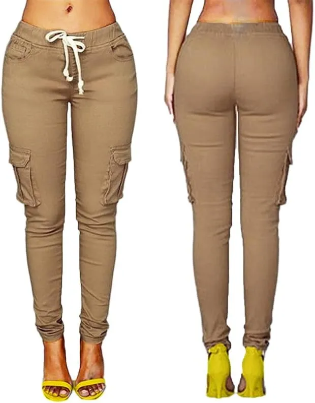 Andongnywell Womens Solid Color Stretch Drawstring Skinny Pants Cargo Joggers Butt Lift Pant with Pockets