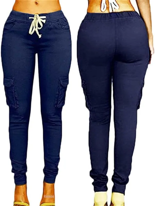 Andongnywell Womens Solid Color Stretch Drawstring Skinny Pants Cargo Joggers Butt Lift Pant with Pockets
