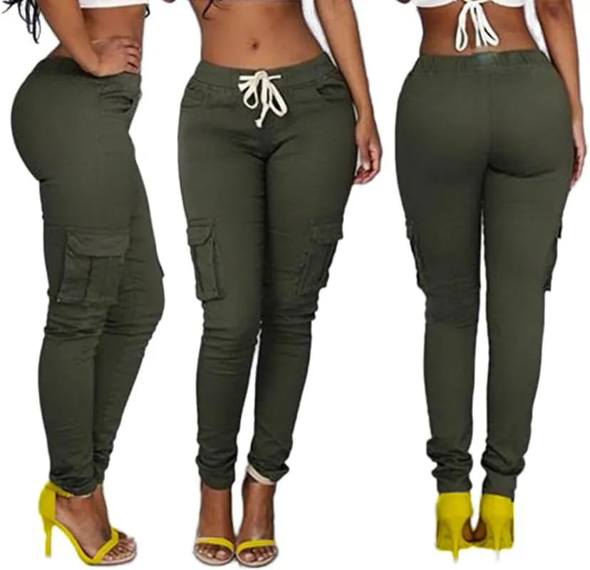 Andongnywell Womens Solid Color Stretch Drawstring Skinny Pants Cargo Joggers Butt Lift Pant with Pockets