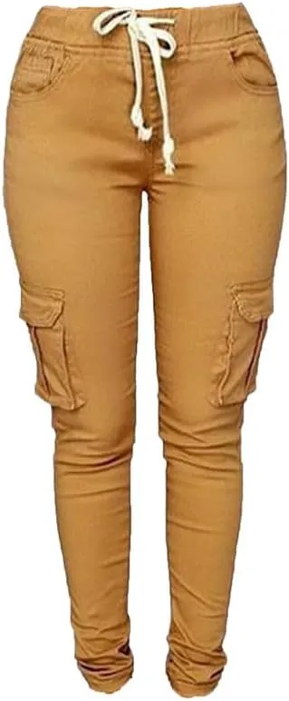 Andongnywell Womens Solid Color Stretch Drawstring Skinny Pants Cargo Joggers Butt Lift Pant with Pockets