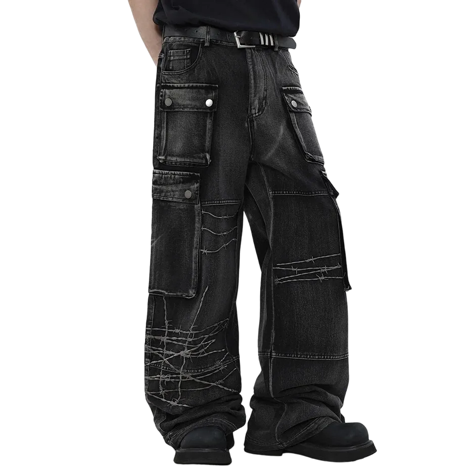 Barb Wire Embroidered Wide-Leg Black Denim Cargo Jeans