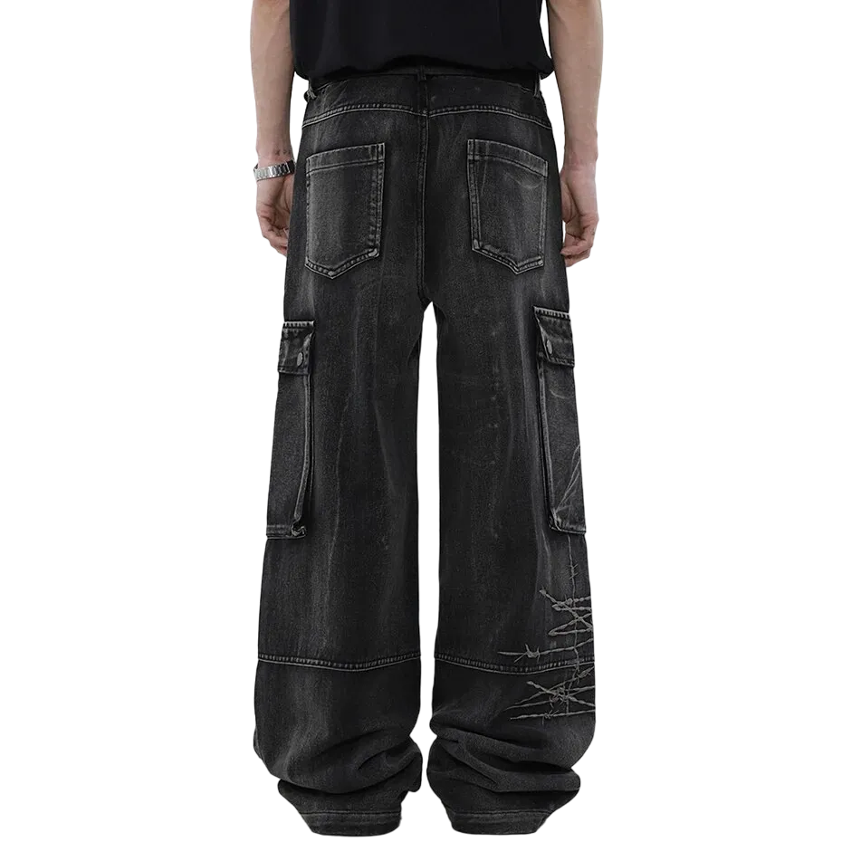 Barb Wire Embroidered Wide-Leg Black Denim Cargo Jeans