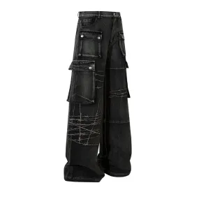 Barb Wire Embroidered Wide-Leg Black Denim Cargo Jeans