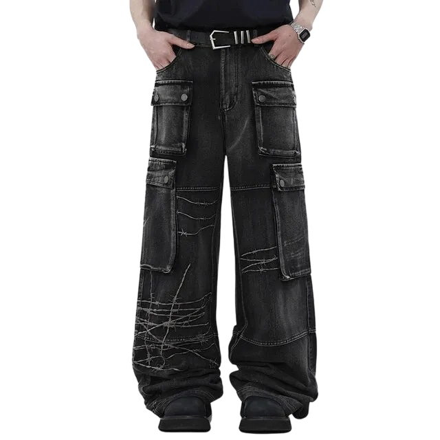 Barb Wire Embroidered Wide-Leg Black Denim Cargo Jeans
