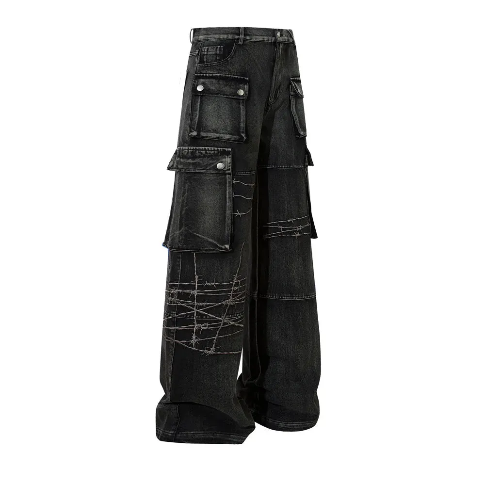 Barb Wire Embroidered Wide-Leg Black Denim Cargo Jeans