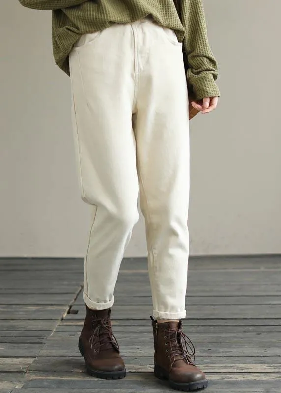 Beautiful Beige Trousers Women's Spring Elastic Waist Fabrics Pant