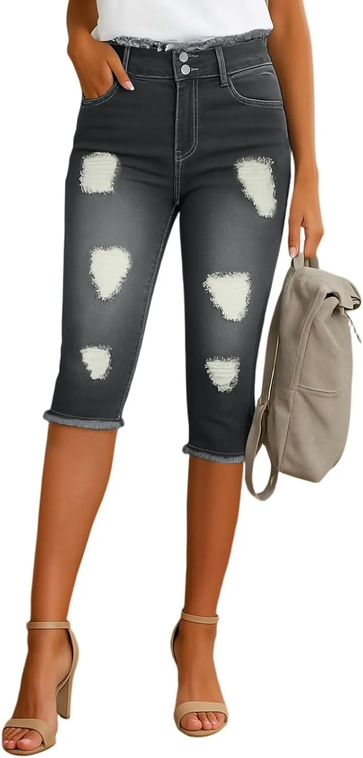 Capri Jeans for Women Stretch Raw Hem Ripped Stretchy Mid Rise Petite Skinny Y2k Denim Ripped Jeans with Pockets