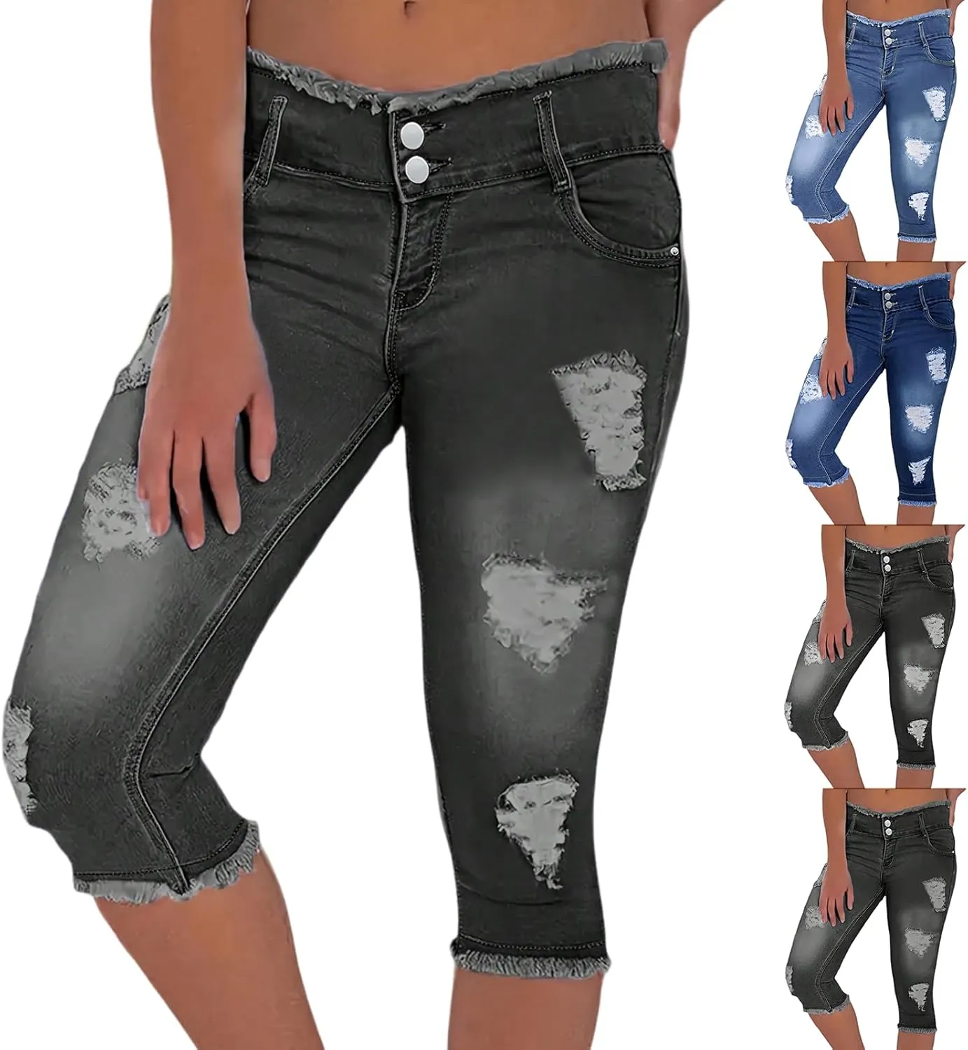 Capri Jeans for Women Stretch Raw Hem Ripped Stretchy Mid Rise Petite Skinny Y2k Denim Ripped Jeans with Pockets