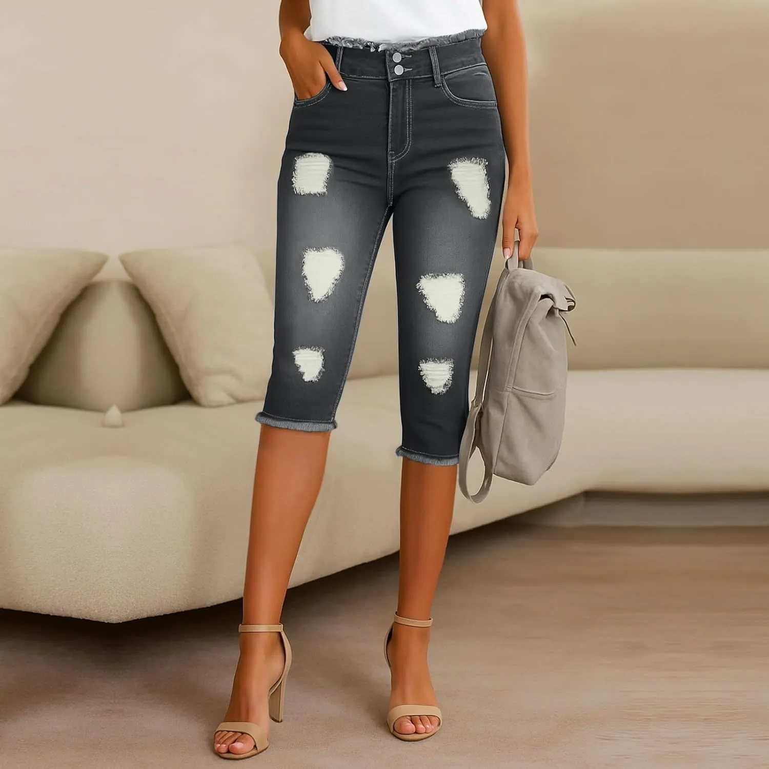 Capri Jeans for Women Stretch Raw Hem Ripped Stretchy Mid Rise Petite Skinny Y2k Denim Ripped Jeans with Pockets