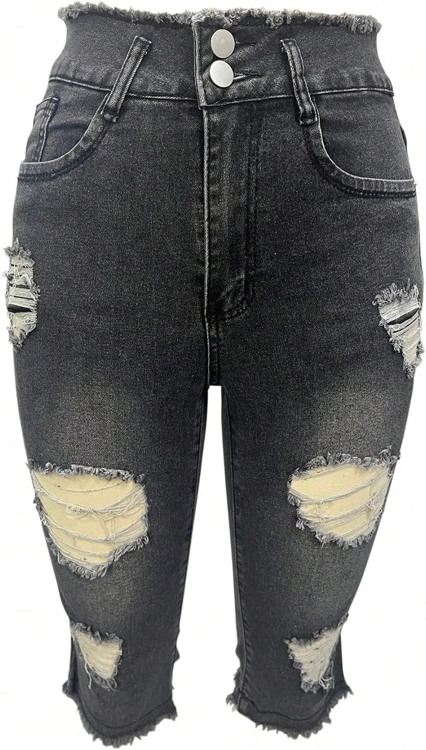 Capri Jeans for Women Stretch Raw Hem Ripped Stretchy Mid Rise Petite Skinny Y2k Denim Ripped Jeans with Pockets