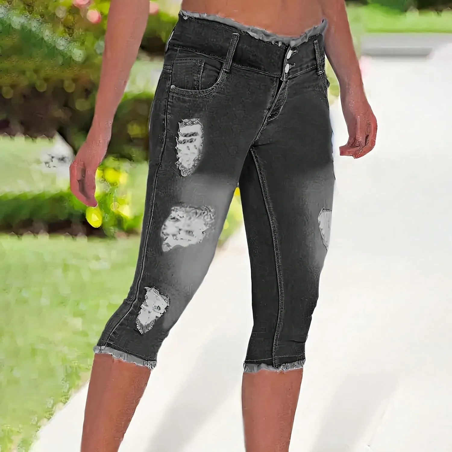 Capri Jeans for Women Stretch Raw Hem Ripped Stretchy Mid Rise Petite Skinny Y2k Denim Ripped Jeans with Pockets