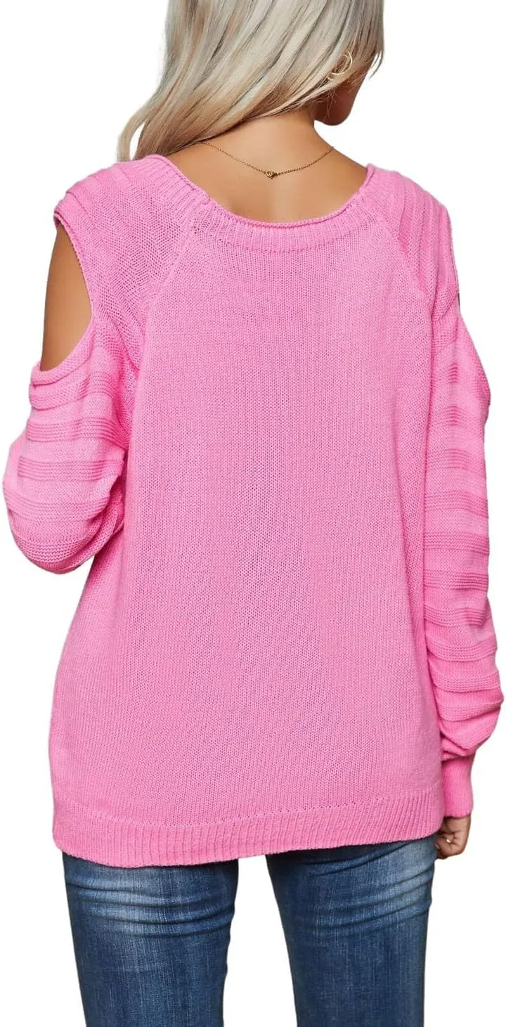 CHARTOU Women's Cold Shoulder Round Neck Chunky Cable Knit Sweater Pullover