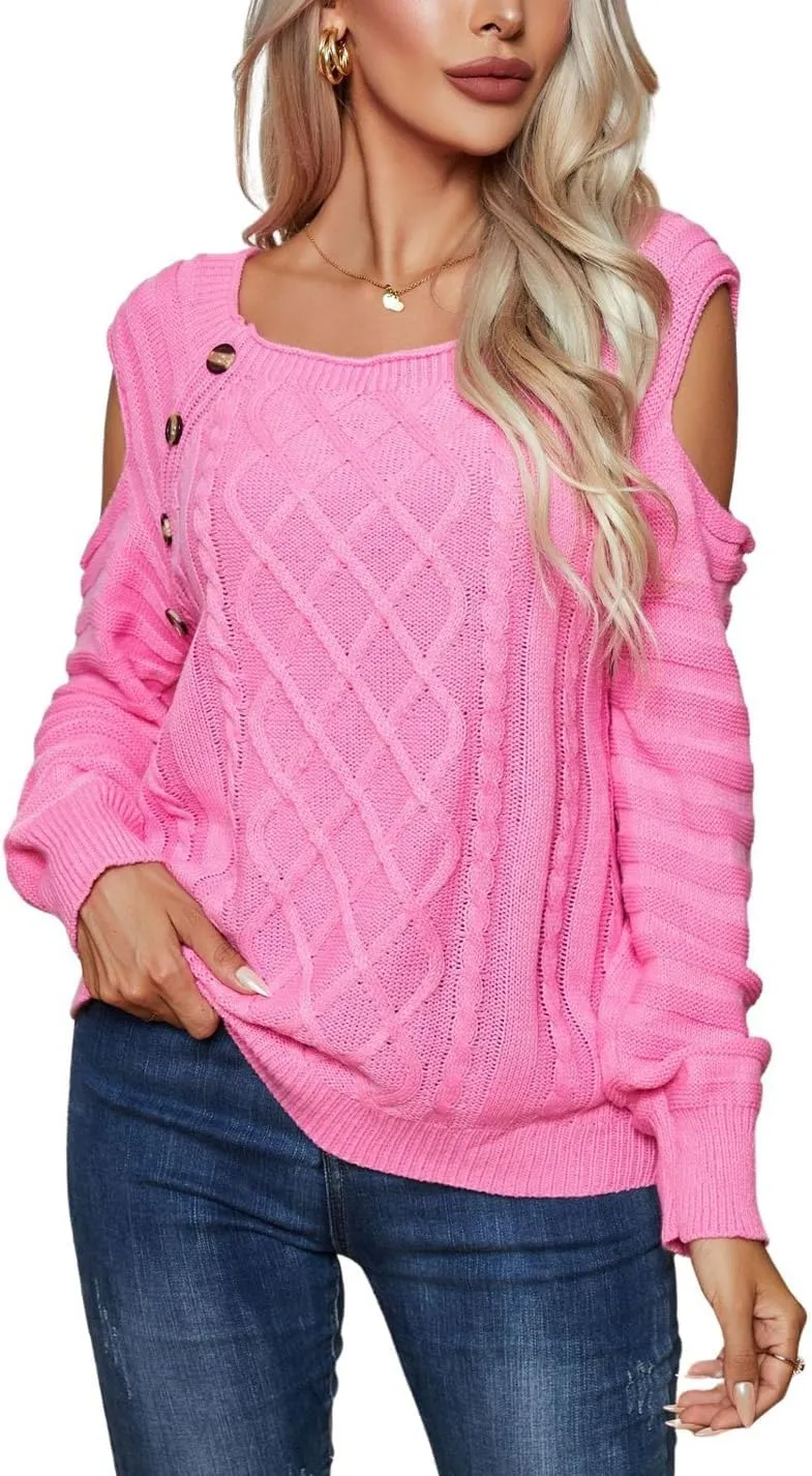 CHARTOU Women's Cold Shoulder Round Neck Chunky Cable Knit Sweater Pullover