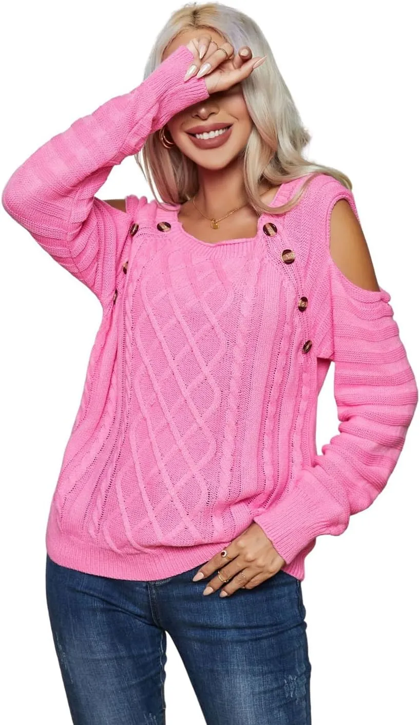 CHARTOU Women's Cold Shoulder Round Neck Chunky Cable Knit Sweater Pullover