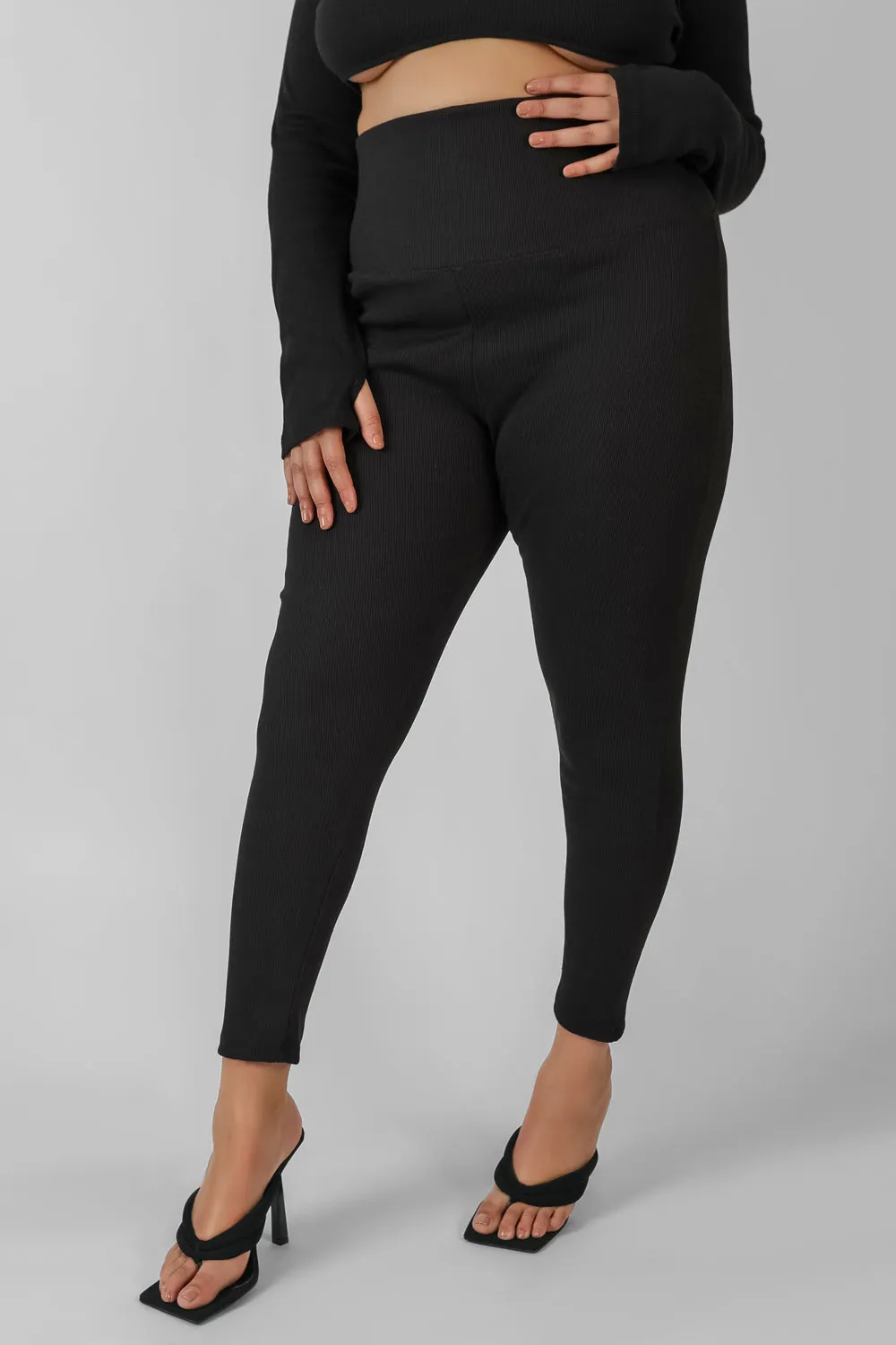 Curve Thick Waistband Ribbed Leggings Black