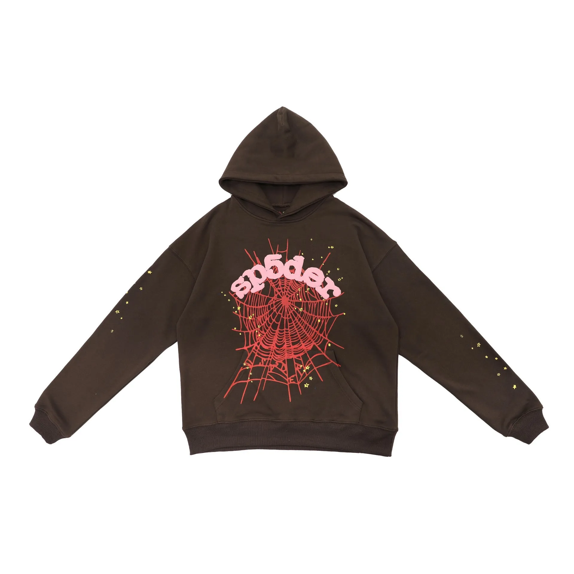 Dark Brown Sp5der Hoodie - Trendy Web Print Hooded Sweatshirt