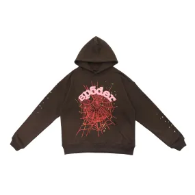 Dark Brown Sp5der Hoodie - Trendy Web Print Hooded Sweatshirt