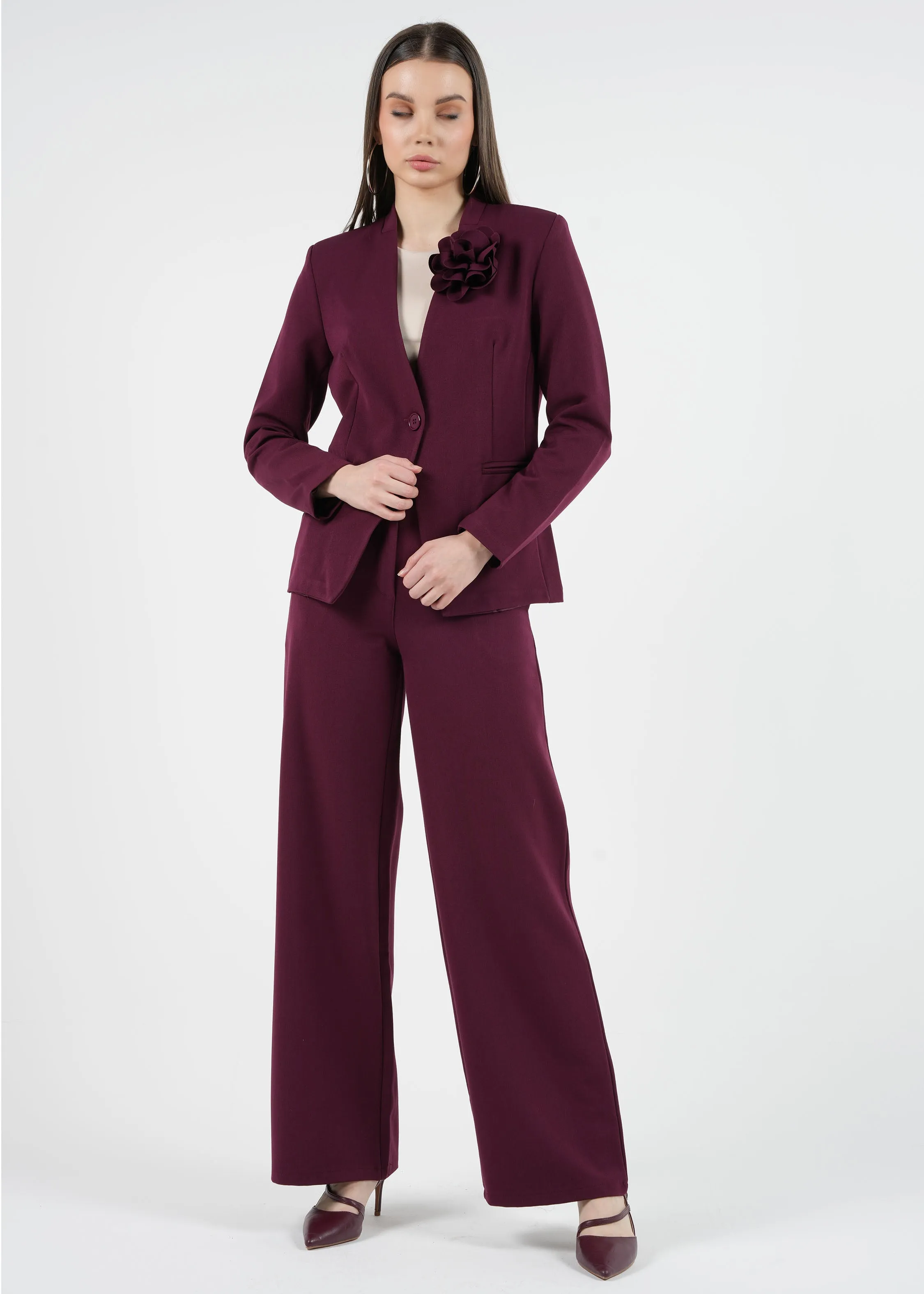 Elegant Plum Blazer with Flower Accent