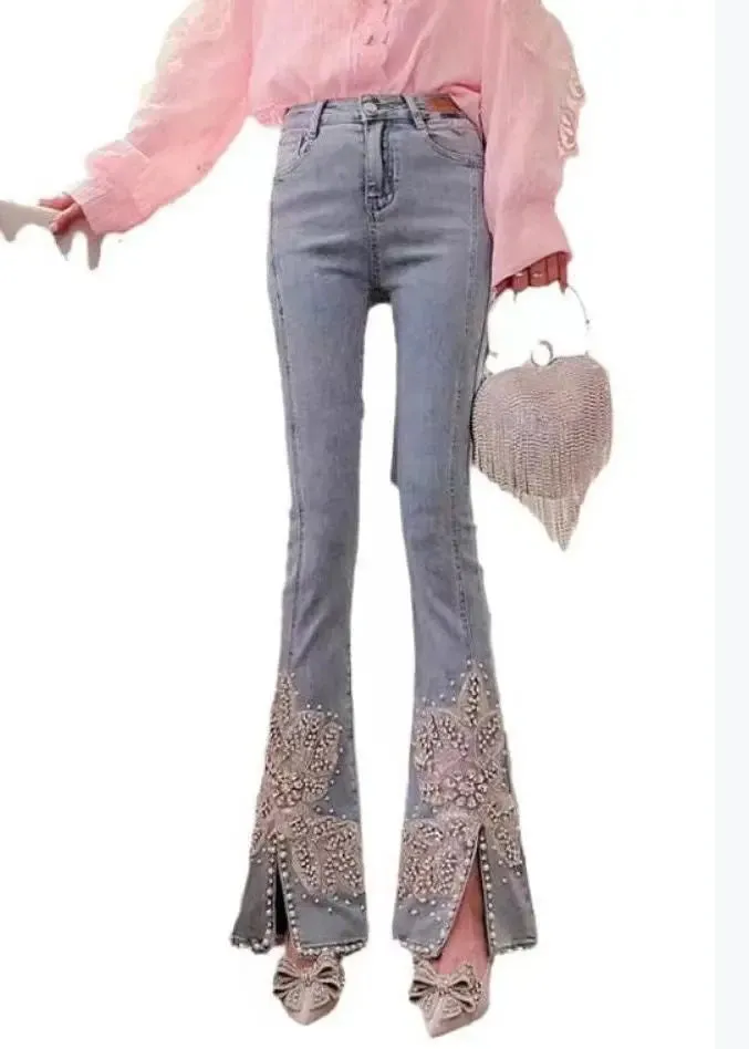 Fashion Black Pockets Nail Bead Denim Flared Trousers Spring FA232