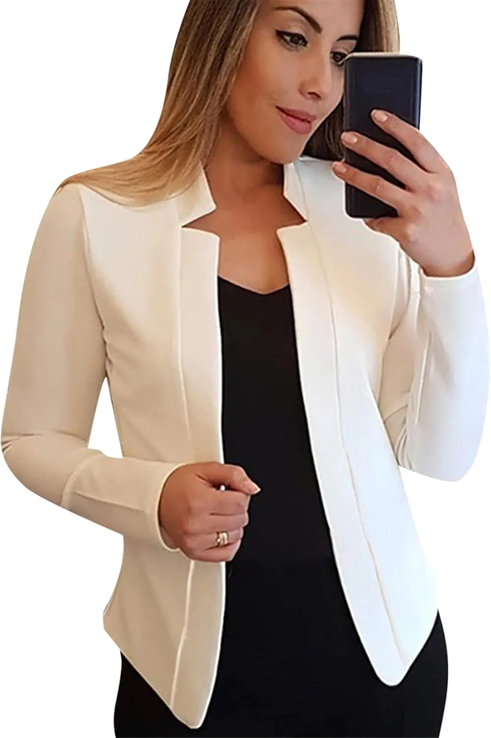 FLITAY Womens Long Sleeve Solid Color Blazer Open Front Elegant Work Jacket Fashion Casual Office Coat