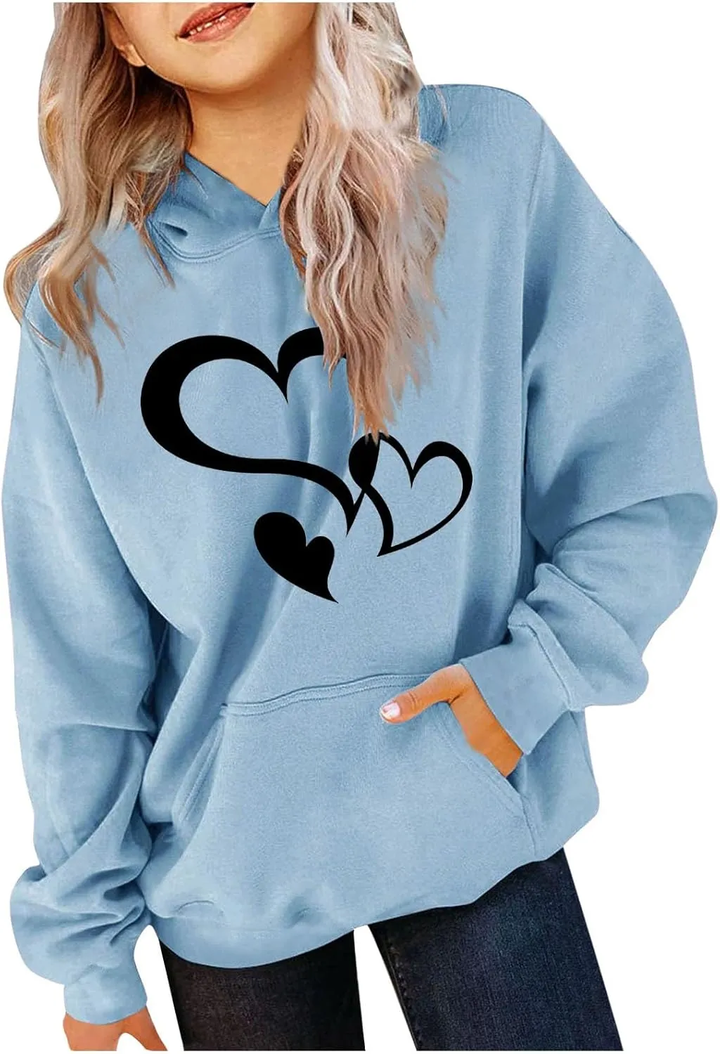Girls Valentine Hoodies Oversized Funny Heart Print Sweatshirt Top Long Sleeve Cute Teen Girls Trendy Outfits