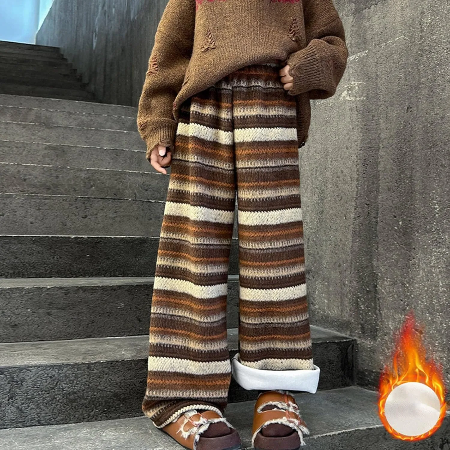 Girls Wide Pants Stripe Casual Straight Pants Elastic Waist Flannel Trousers Bottoms Comfortable Baggy Long Outfit