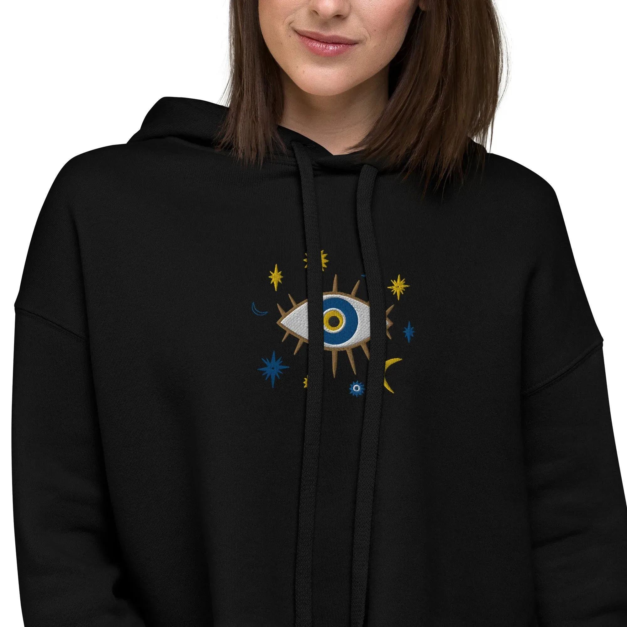 Greek Evil Eye Embroidered Cropped Hoodie