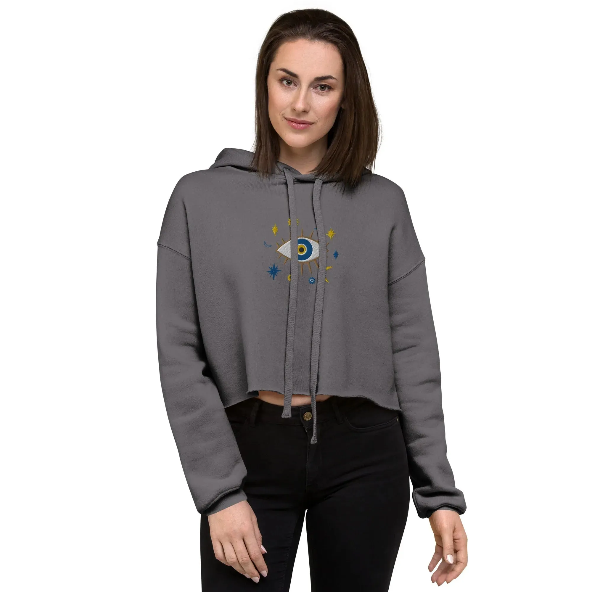 Greek Evil Eye Embroidered Cropped Hoodie