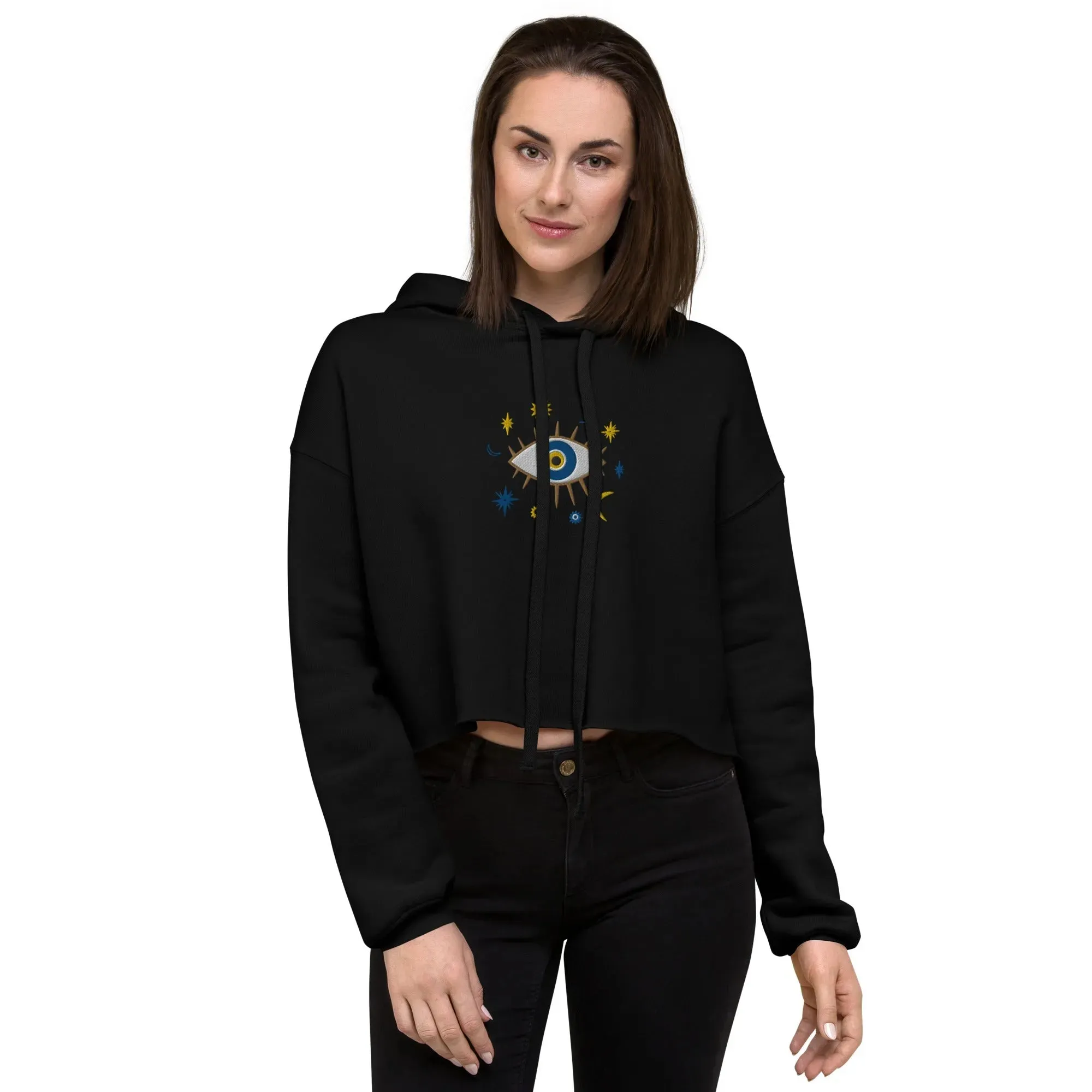 Greek Evil Eye Embroidered Cropped Hoodie