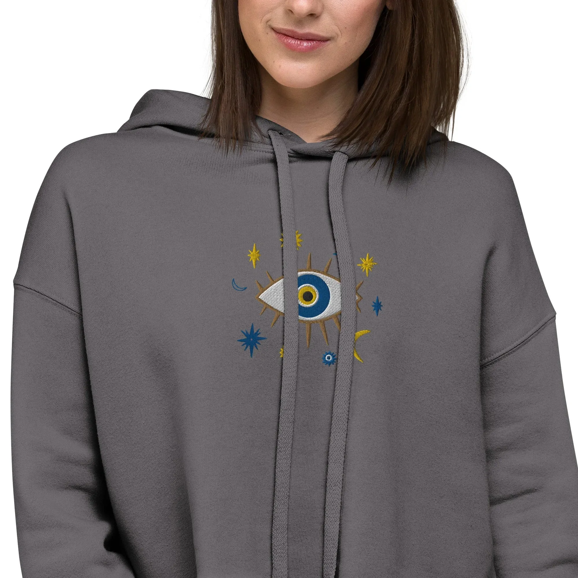 Greek Evil Eye Embroidered Cropped Hoodie