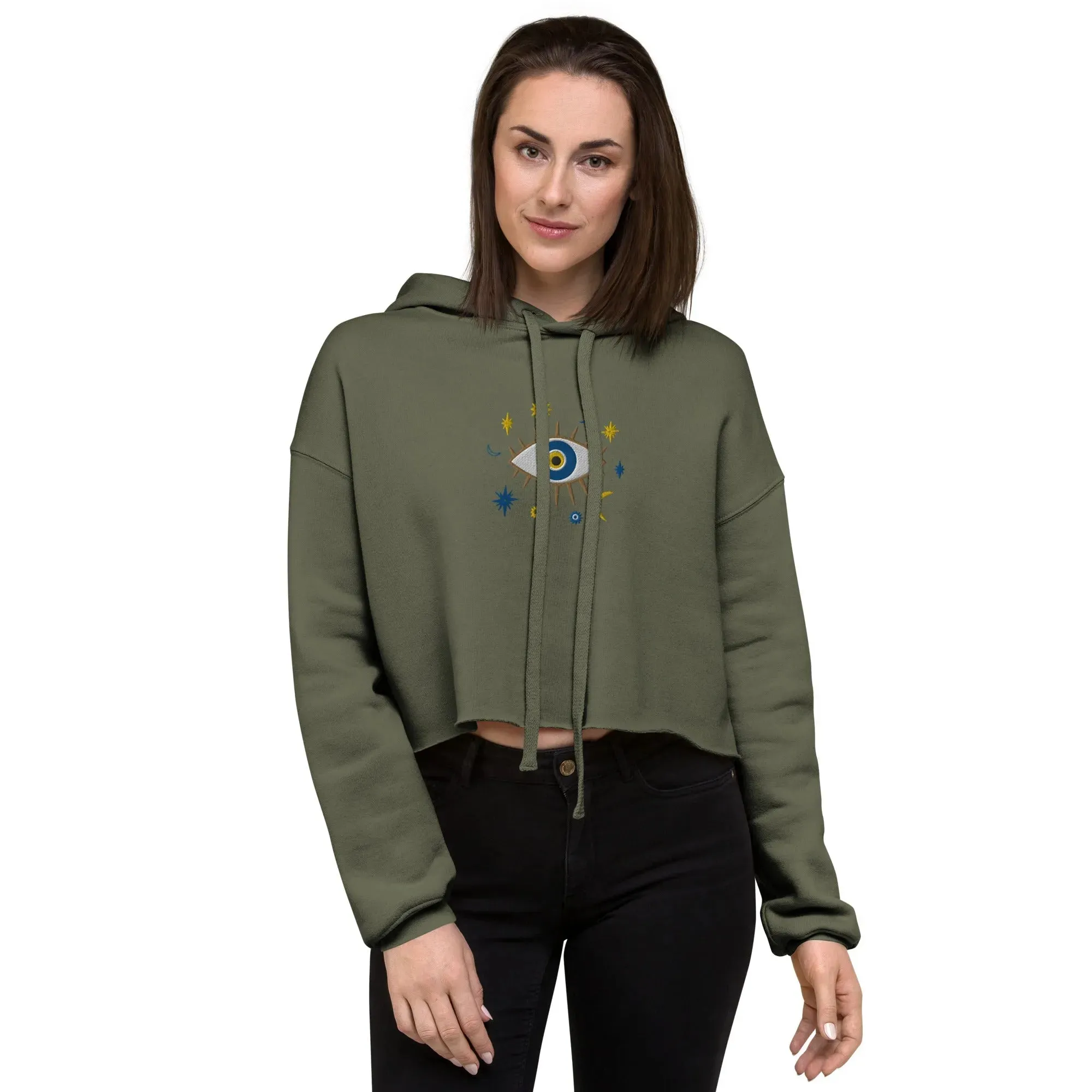 Greek Evil Eye Embroidered Cropped Hoodie
