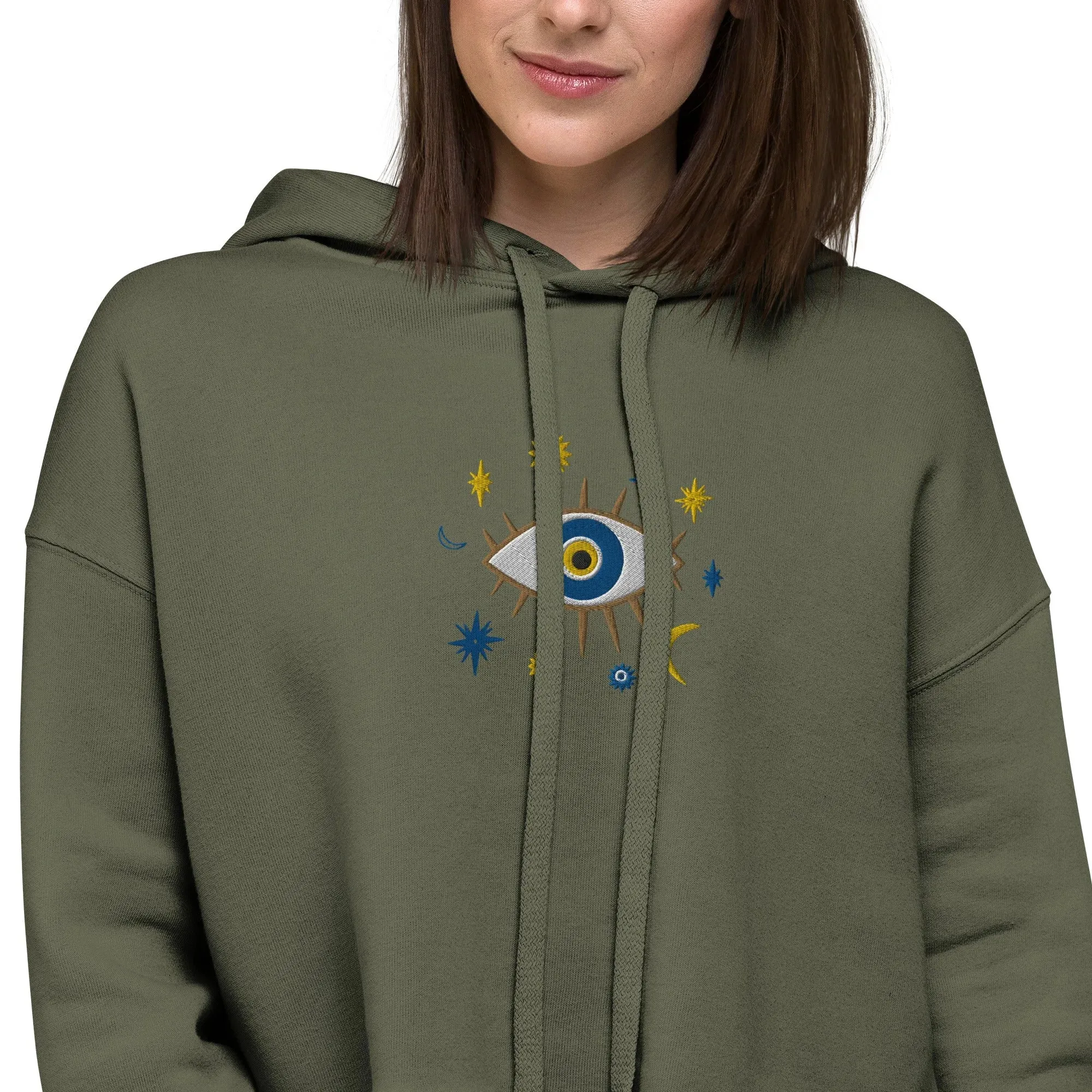 Greek Evil Eye Embroidered Cropped Hoodie