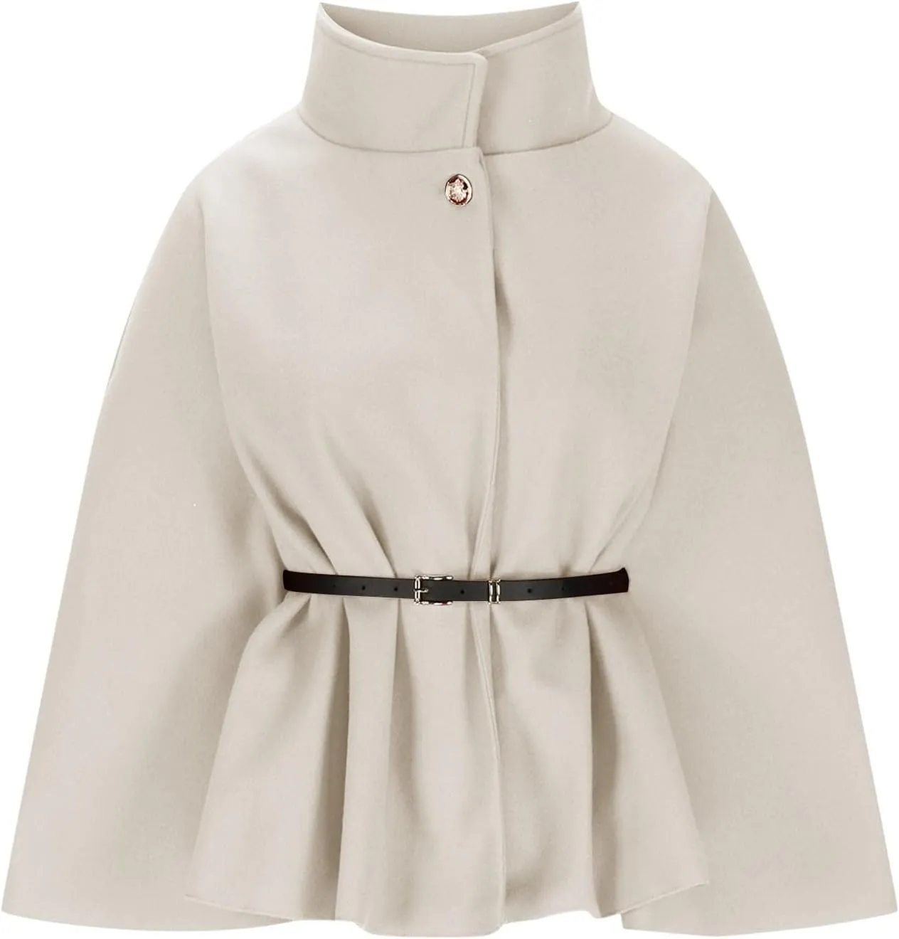 HGps8w Winter Coats for Women Elegant Stand Collar Wool Blend Batwing Poncho Cape Jacket Outerwear with Belt