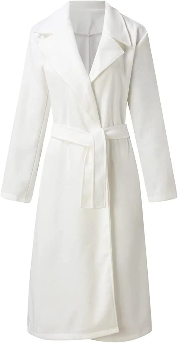 HGps8w Women's Faux Wool Coat Elegant Trench Long Jacket Ladies Slim Fit Long Belt Dressy Ring Master Overcoats