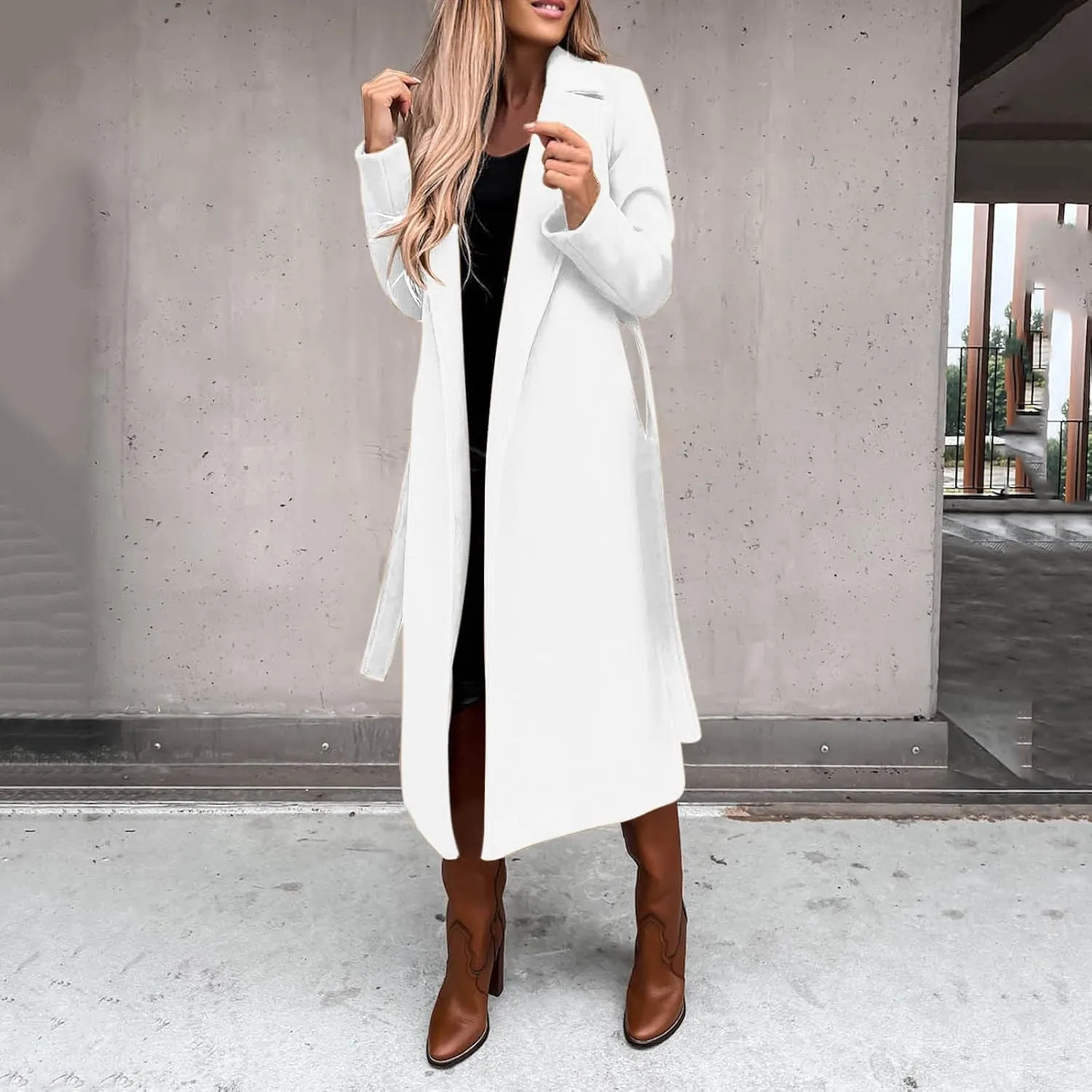HGps8w Women's Faux Wool Coat Elegant Trench Long Jacket Ladies Slim Fit Long Belt Dressy Ring Master Overcoats