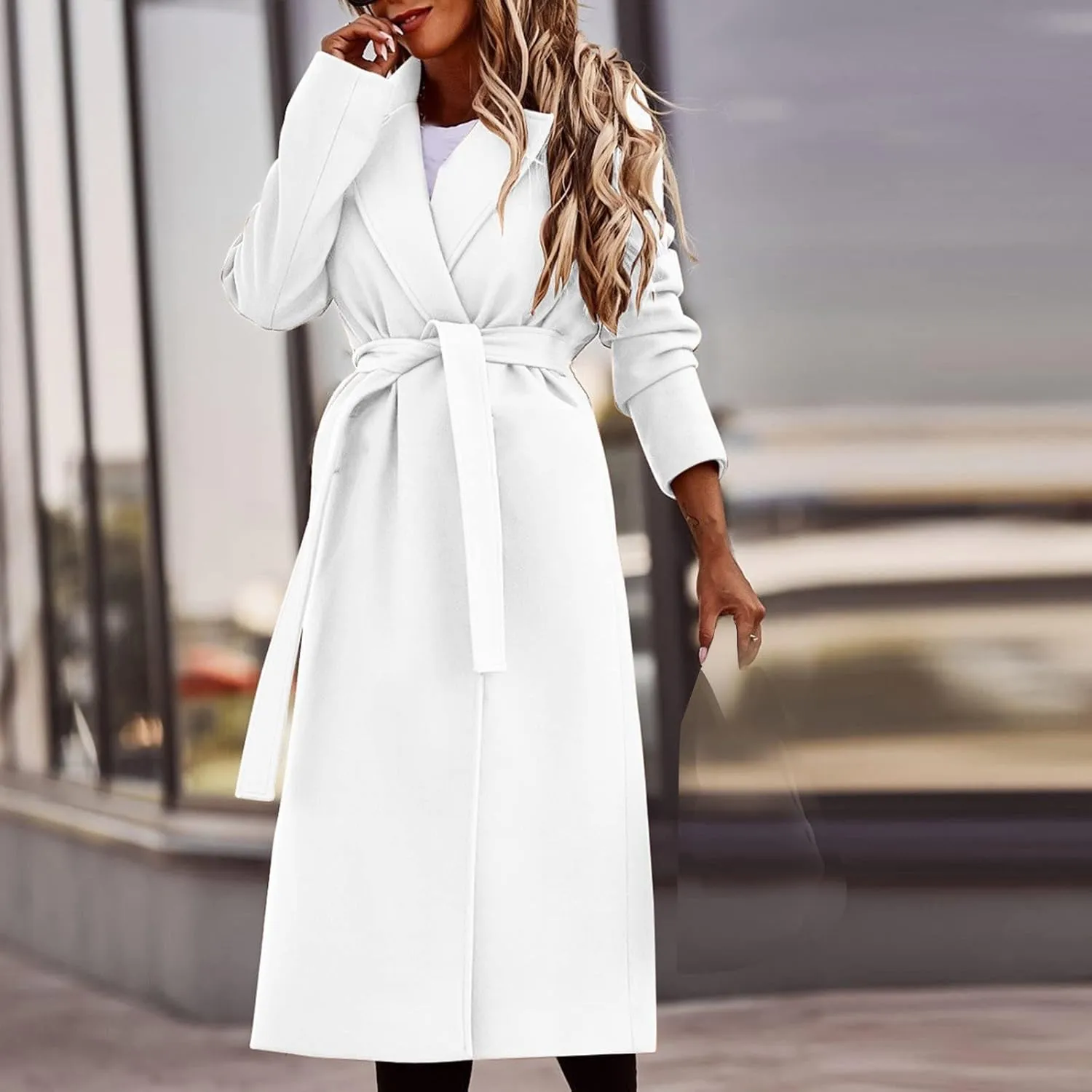 HGps8w Women's Faux Wool Coat Elegant Trench Long Jacket Ladies Slim Fit Long Belt Dressy Ring Master Overcoats