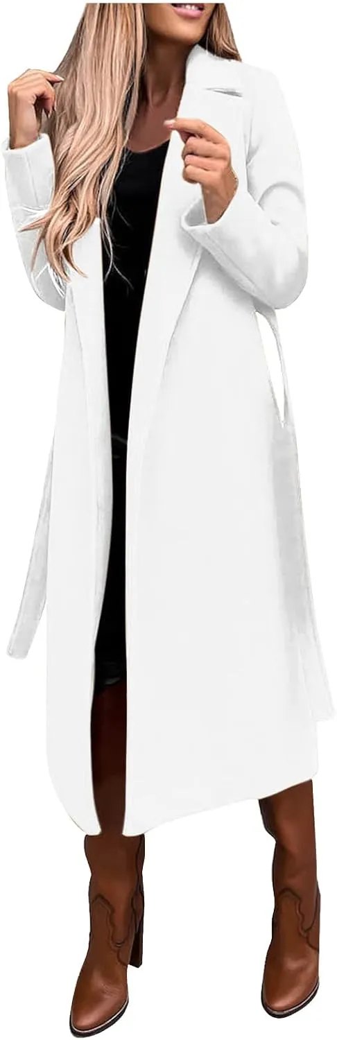 HGps8w Women's Faux Wool Coat Elegant Trench Long Jacket Ladies Slim Fit Long Belt Dressy Ring Master Overcoats