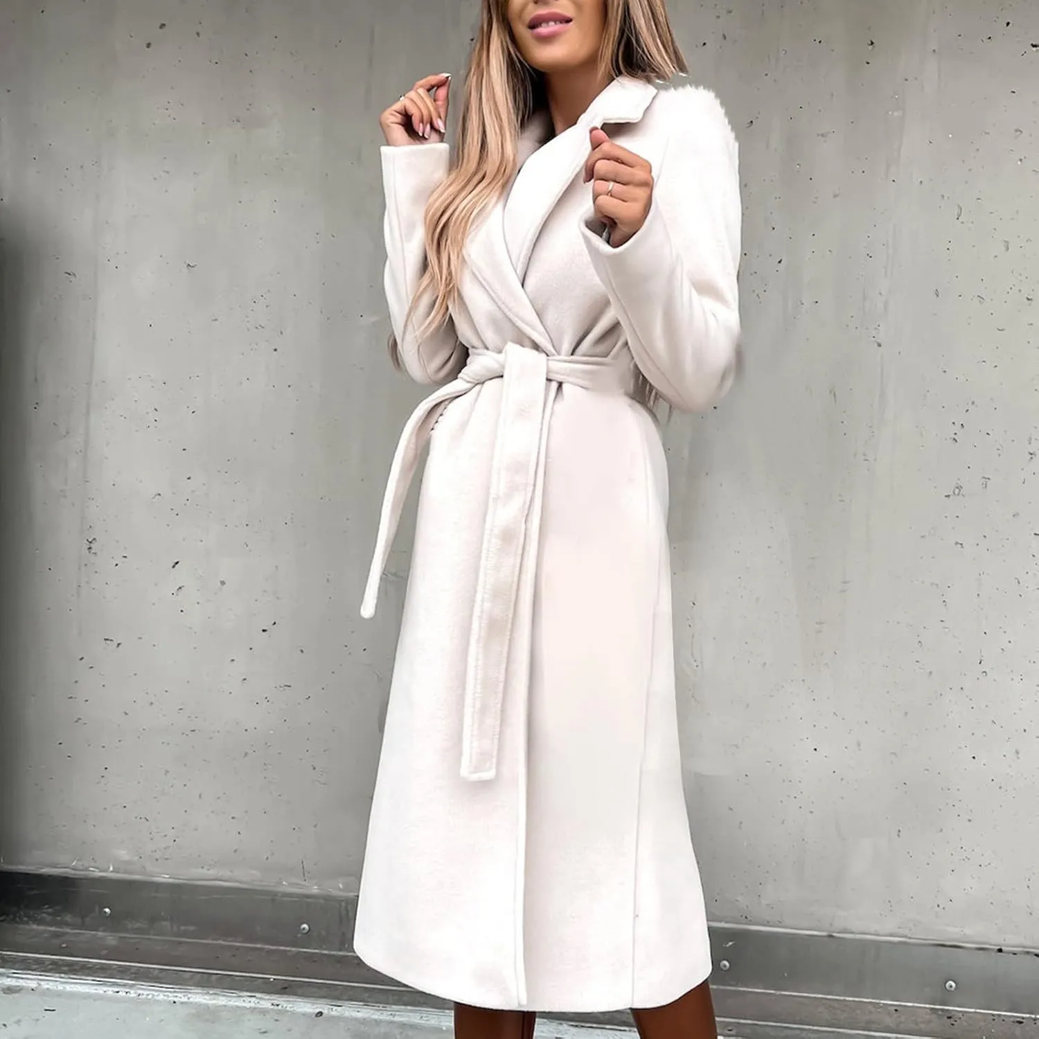 HGps8w Women's Faux Wool Coat Elegant Trench Long Jacket Ladies Slim Fit Long Belt Dressy Ring Master Overcoats