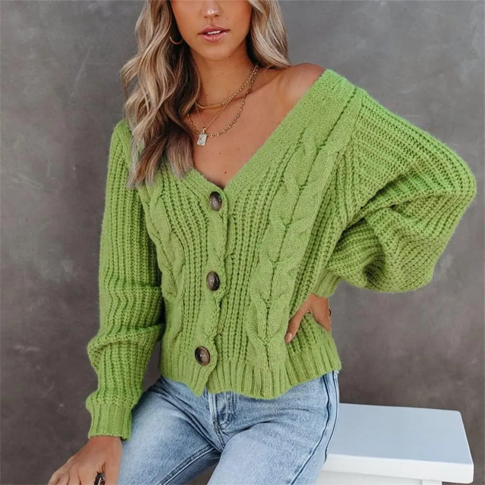 HOULENGS Women's V Neck Cable Knit Cardigan Sweater Long Sleevee Button Down Sweater Coat Outwear