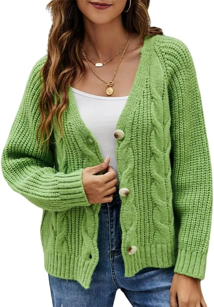 HOULENGS Women's V Neck Cable Knit Cardigan Sweater Long Sleevee Button Down Sweater Coat Outwear