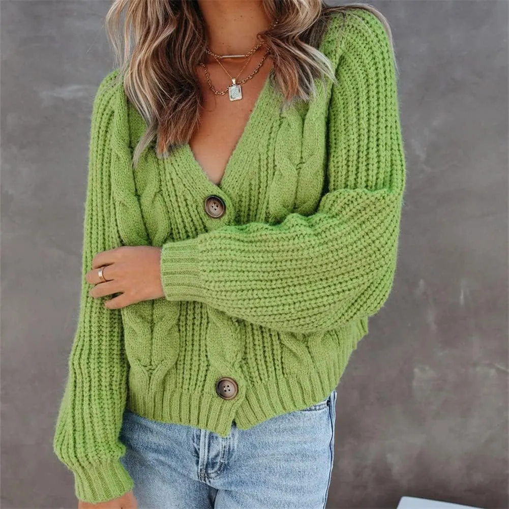 HOULENGS Women's V Neck Cable Knit Cardigan Sweater Long Sleevee Button Down Sweater Coat Outwear