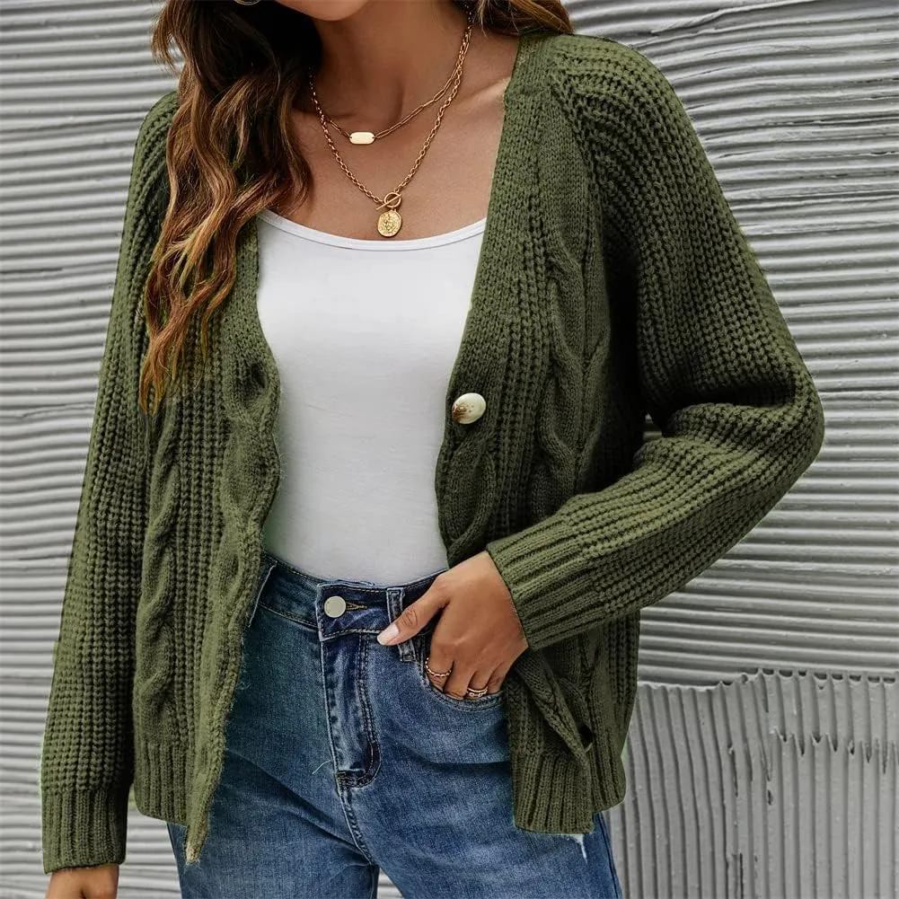 HOULENGS Women's V Neck Cable Knit Cardigan Sweater Long Sleevee Button Down Sweater Coat Outwear