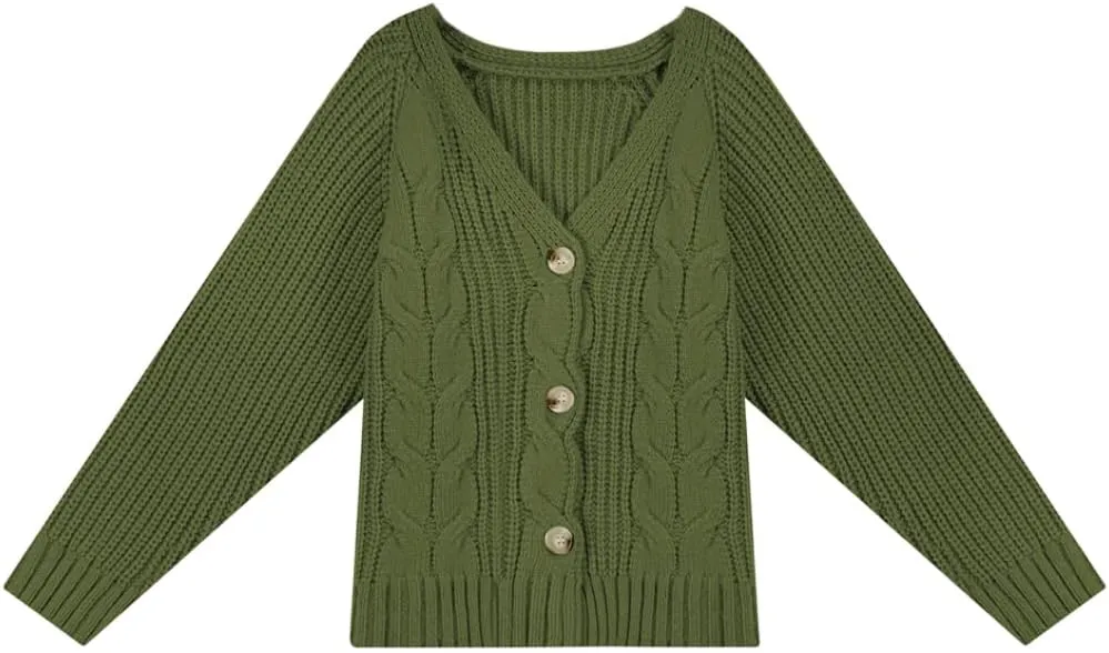 HOULENGS Women's V Neck Cable Knit Cardigan Sweater Long Sleevee Button Down Sweater Coat Outwear