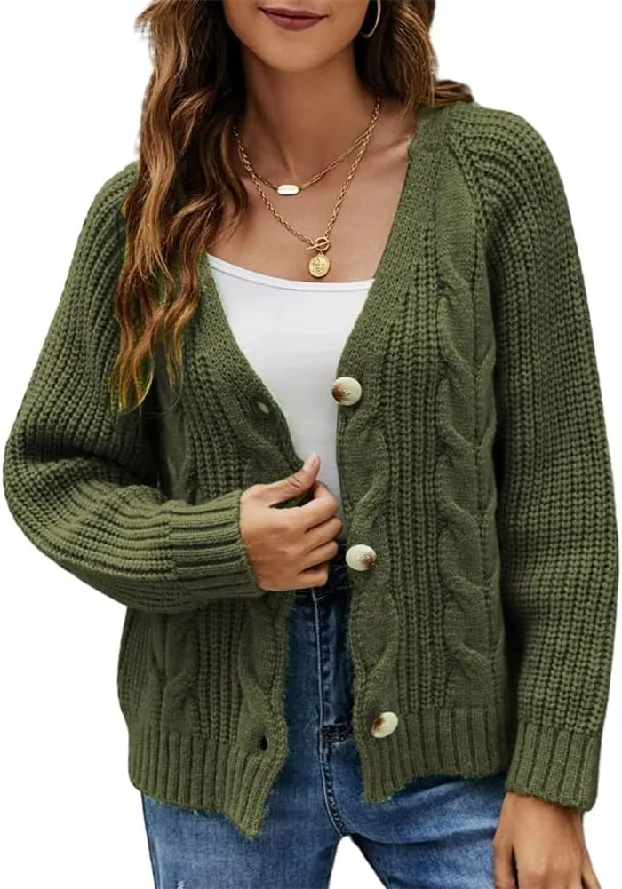 HOULENGS Women's V Neck Cable Knit Cardigan Sweater Long Sleevee Button Down Sweater Coat Outwear