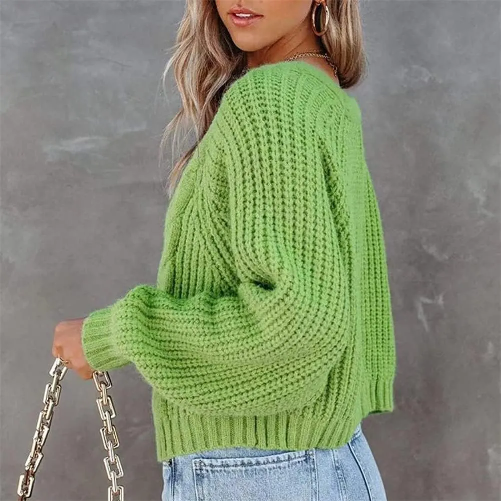 HOULENGS Women's V Neck Cable Knit Cardigan Sweater Long Sleevee Button Down Sweater Coat Outwear